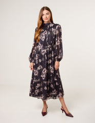 High Neck Floral Puffball Pleated Midi Dress