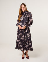 High Neck Floral Puffball Pleated Midi Dress