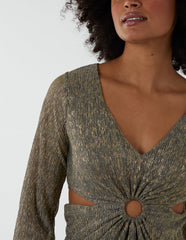 V-Neck Long Sleeve Metallic Dress