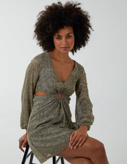 V-Neck Long Sleeve Metallic Dress