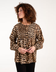 Leopard Print Shirred Front Tie Neck Blouse