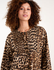 Leopard Print Shirred Front Tie Neck Blouse