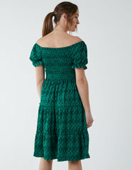 Puff Sleeve Bardot Shirred Dress