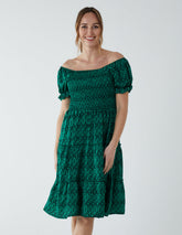 Puff Sleeve Bardot Shirred Dress