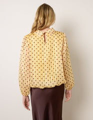 Polka Dot Cowl Neck Puffball Blouse