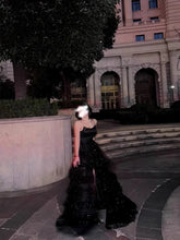 Cute Ball Gown Strapless Black Tulle Split Long Party Gowns Prom Dresses N2035