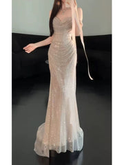 Sexy Evening Dresses Women Mermaid Off The Shoulder Champagne Sequins With Sleeves Long Prom Gown Party Wear Fashion Dresses N1814
