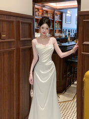 Simple Mermaid Spaghetti Straps Satin Ankle Length Long Party Gowns Prom Dresses N2054