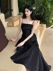 Classy Mermaid Spaghetti Strap Black Ruffles Satin For Women Girls Teens Prom Dresses N2182