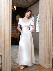 Simple A Line Square Neck Ivory Satin Long For Women Girls Teens Prom Dresses N2192