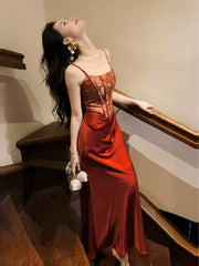 Classy Mermaid Spaghetti Strap Red Satin Long For Women Girls Teens Prom Dresses N2213