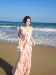 Simple Mermaid V Neck Pink Chiffon Summer Formal For Women Girls Teens Prom Dresses N2214