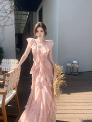 Simple Mermaid V Neck Pink Chiffon Summer Formal For Women Girls Teens Prom Dresses N2214