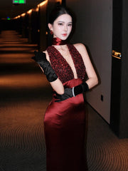 Glitter Prom Dresses Mermaid Halter Burgundy Deep V Neck Backless Evening Gown Formal Dress N4016