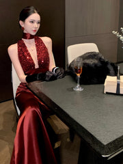 Glitter Prom Dresses Mermaid Halter Burgundy Deep V Neck Backless Evening Gown Formal Dress N4016