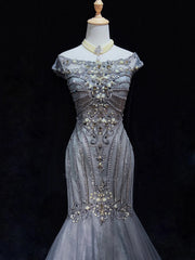 Trendy Prom Dresses Inspiration Mermaid Scoop Grey Blue Gala Tulle With Beading Formal Gowns N3195