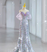 Modest Mermaid Off The Shoulder Lilac Sequins Prom Dresses Inspiration Long Party Night Evening Dress 19th Birthday Outfits AB2319