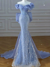 Modest Prom Dresses Aesthetic Mermaid Off The Shoulder Blue Inspiration Style Impress With Short Sleeves Long Party Formal Gown AB2333