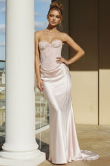 Cute Mermaid Sweetheart Pink Satin Sleeveless Formal For Women Girls Teens Prom Dresses N2289