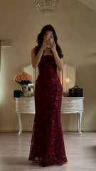Elegant Red Shiny Sequin Maxi Sling Dress Chic Flower Sleeveless Lace-up Square Neck Bodycon Vestido N1792