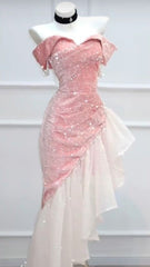 Elegant Mermaid Off The Shoulder Pink With Short Sleeves Formal Dress Sequin Birthday Prom Dresses N2816