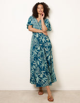 Wrap Over Angel Sleeve Shirred Maxi Dress
