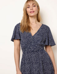 Angel Sleeve Shirred Waist Tier Hem Midi Dress