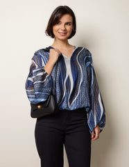 Swirl And Dot Print V Neck Metallic Blouse