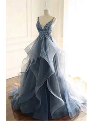 Beautiful Vneck Sequined Lace Ruffled Blue Prom Dress With Straps N1783