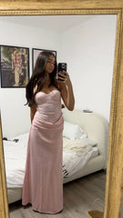 Elegant Mermaid Spaghetti Strap Pink Satin Sleeveless Formal For Women Girls Teens Prom Dresses N2314