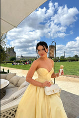 Elegant Butter Yellow Midi Dress for Summer Vacation Party Gowns Prom Dresses AB1760
