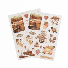 Two sticker sheets with sheep, yarn, and cottagecore countryside illustrations