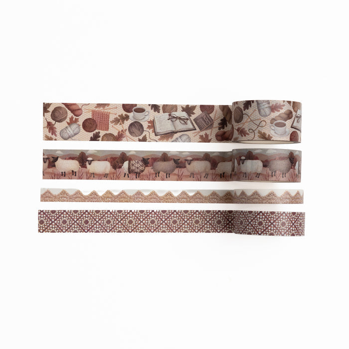 Four rolls of Homespun washi tape featuring sheep, yarn, and knitting motifs