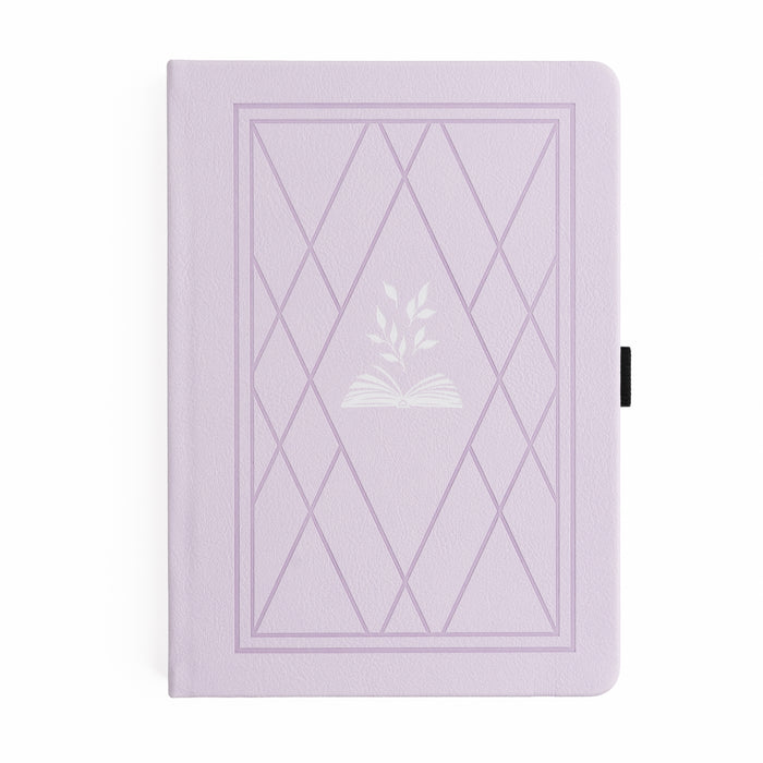 Purple notebook with geometric design and leaf emblem on a white background
