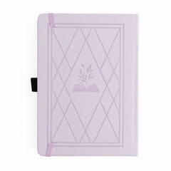 Lavender notebook with geometric design and leaf emblem on a white background
