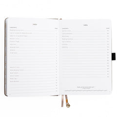 Open notebook displaying index pages on a white background