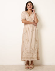 Wrap Front Metallic Embroidery Floral Dress