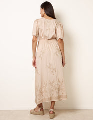 Wrap Front Metallic Embroidery Floral Dress