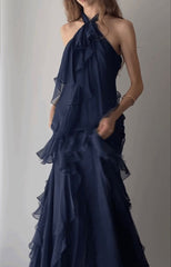 Beach Layer Ruffles Long Dress Women 3d Flower Navy Blue Sleeveless Slim Fit Maxi A line Prom Dress N2353