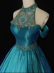 Vintage Prom Dresses Inspo Ball Gown High Neck Blue Satin 1990s With Beading Formal Gowns N3322