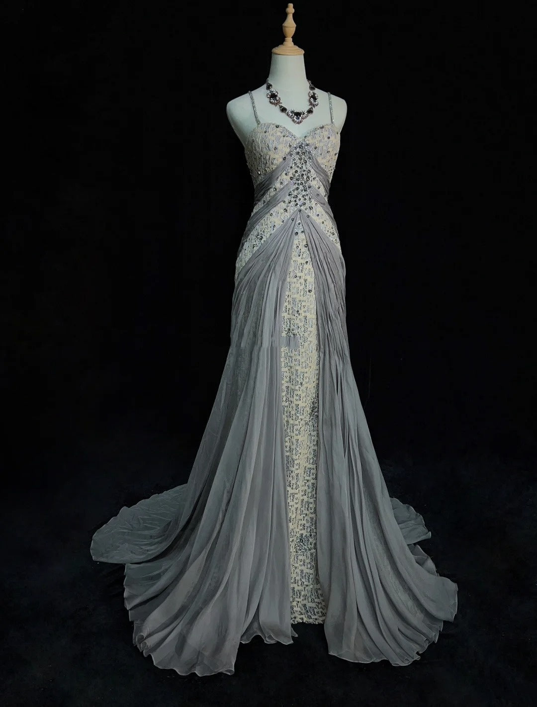 Vintage Prom Dresses Inspo Mermaid Spaghetti Strap Grey Lace 90s With Lace Sequined Formal Gowns N3348