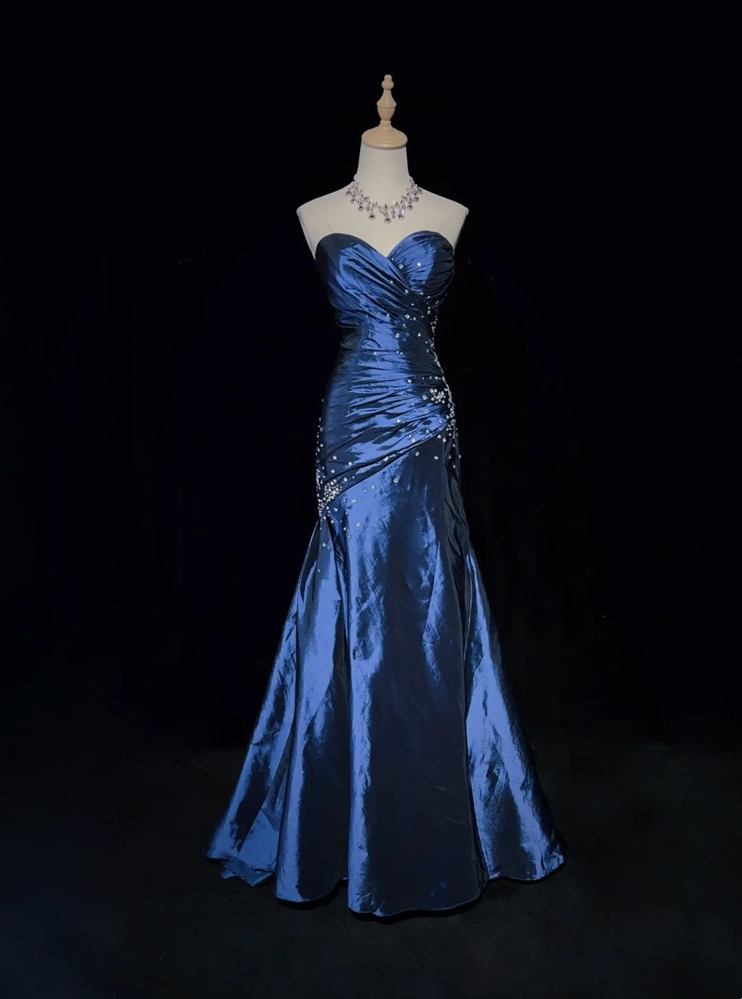 Vintage Prom Dresses 90s Mermaid Sweetheart Navy Blue Satin Long With Beading Evening Outfits N3135