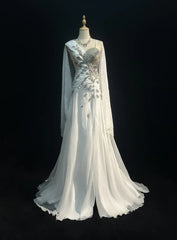 Vintage 90s Prom Dresses Mermaid White Chiffon With Ruffled Silver Beads Long Prom Gown With Cape N3035