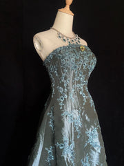 Princess Prom Dresses Ball Gown Strapless Green Embroidery Evening Long Evening Dress N3289
