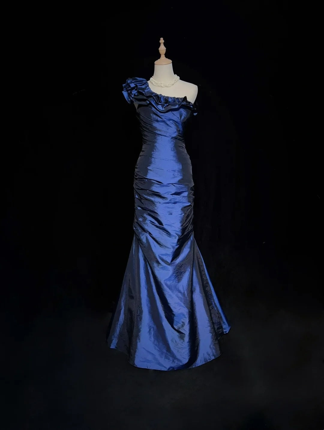 Vintage Prom Dresses 90s Mermaid One Shoulder Navy Blue Satin Long With Folded Evening Outfits N3138