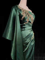 Vintage Prom Dresses Inspo Mermaid One Shoulder Dark Emerald Green 1990s With Gold Lace Formal Gowns N3320