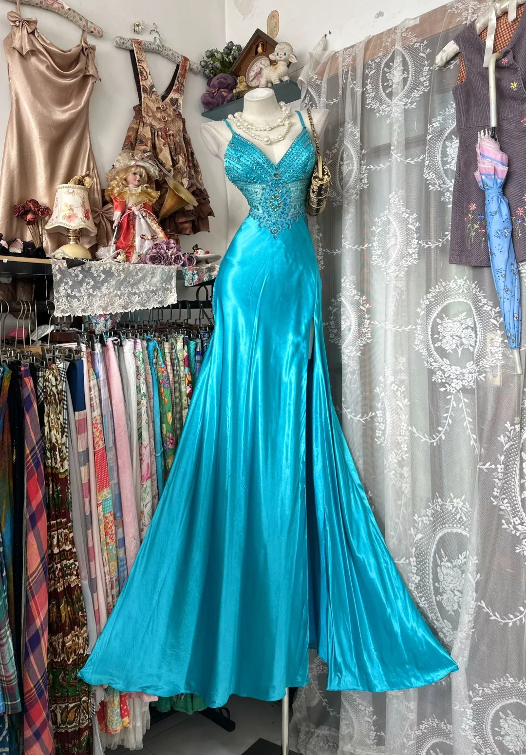 Vintage Mermaid Spaghetti Strap Blue Slit Satin Sleeveless Formal For Women Girls Teens Prom Dresses N2258