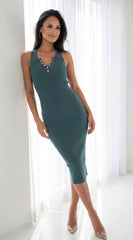 Milana Henley Ribbed Midi Dress - Hunter Green