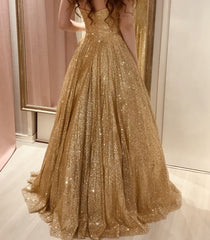 Sparkly Ball Gown Prom Dresses For Women Spaghetti Straps Gold Sequin Party Gown Birthday Gowns N1663