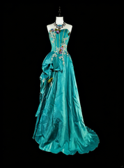 Vintage A line Strapless Blue 70s Satin With Appliques Long Prom Gown Party Wear Fashion Dresses N1830